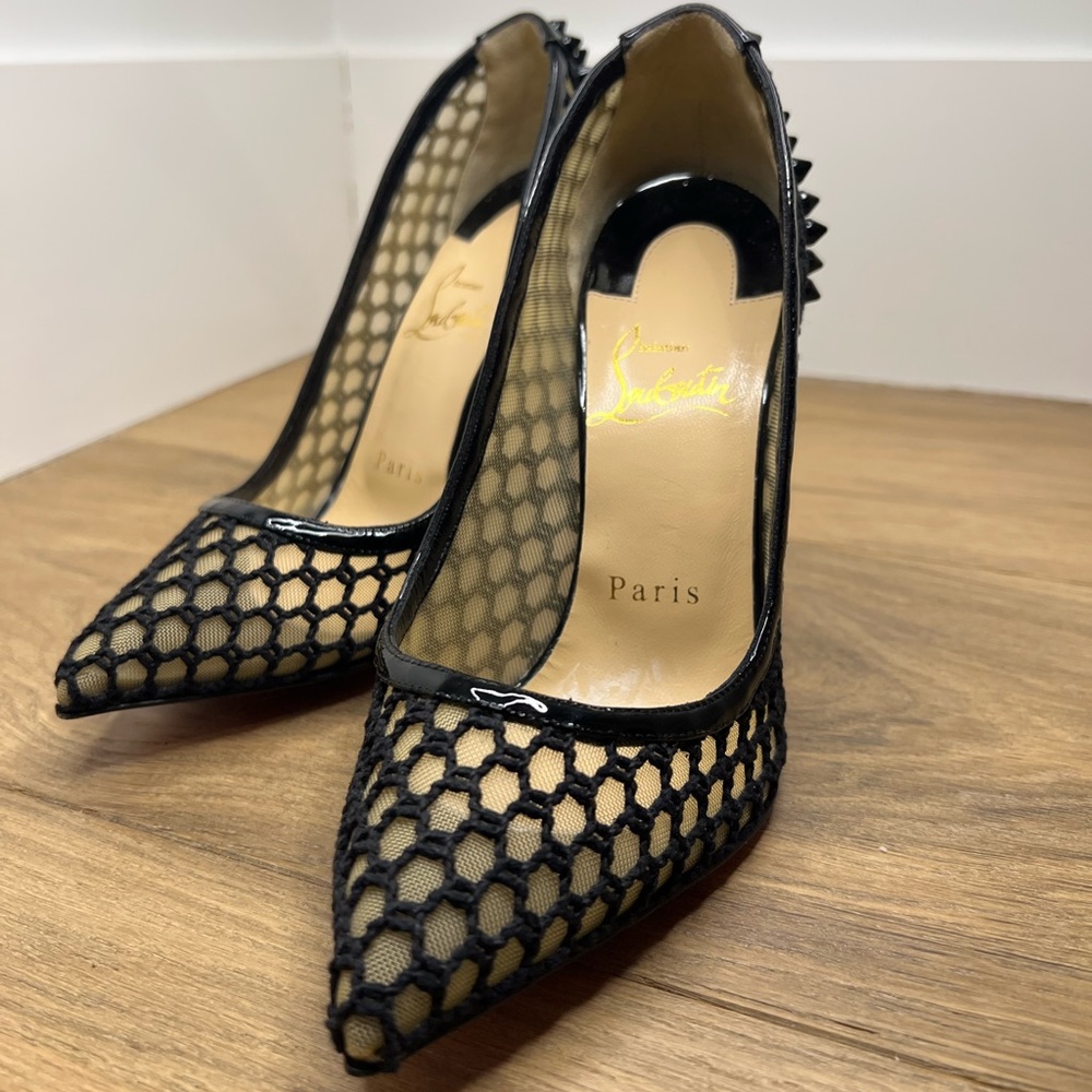 Christian Louboutin Black Mesh And Patent Leather Spike Guni Pumps